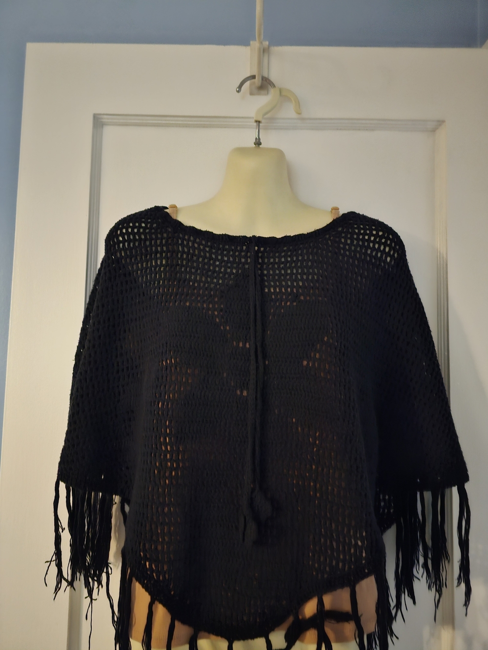Black Crochet Fringe Poncho